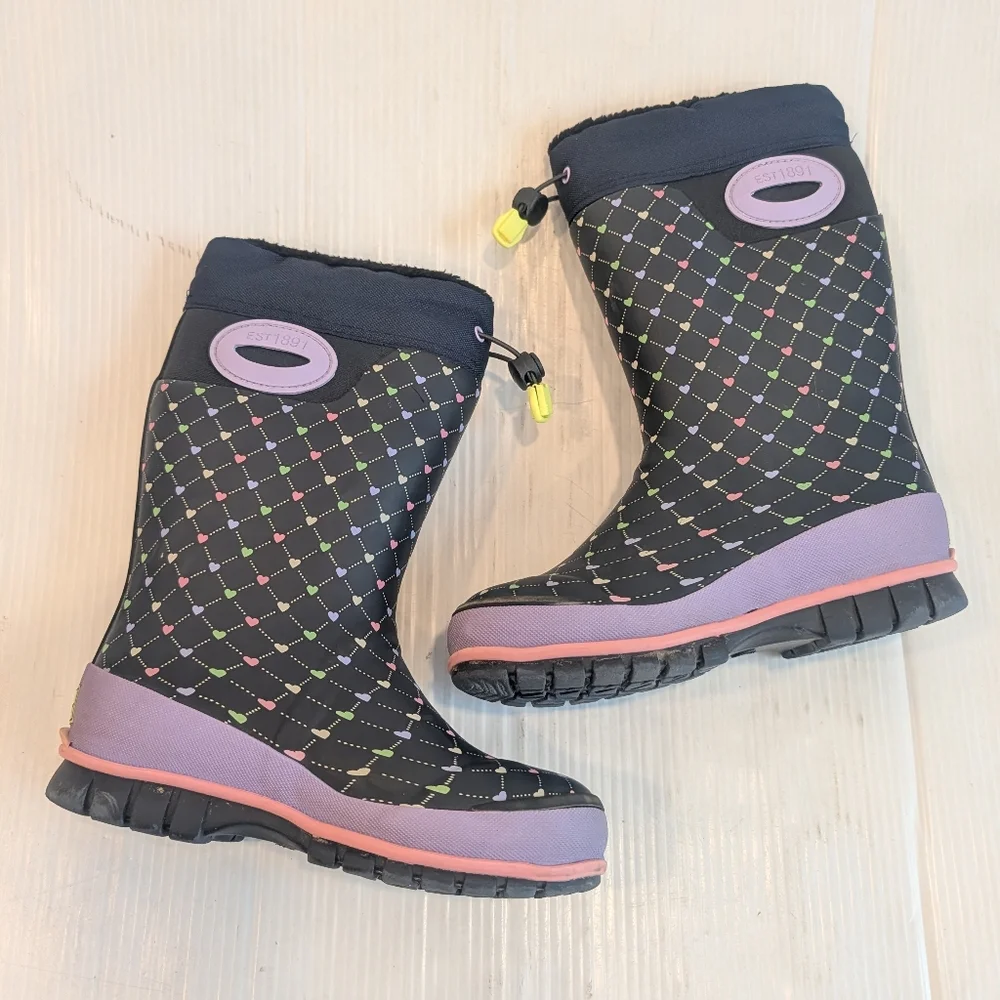 WESTERN CHIEF Girls Black Heart Print Insulated Warm Winter Snow Boots Size 13/1